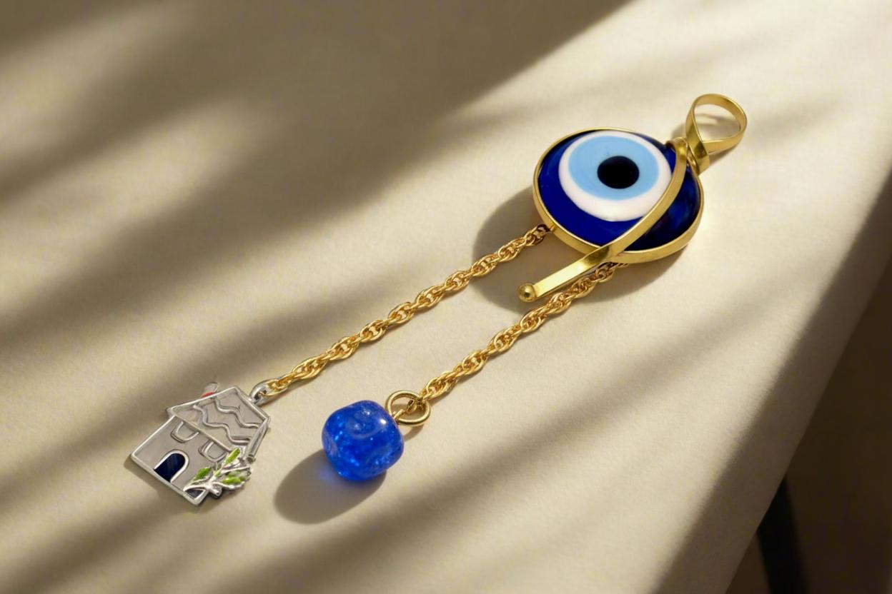 Evil eye protection stone with silver charm, Evil Eye Charm, home décor, gift, Wall Decor, silver charm, Miniature Home Charm
