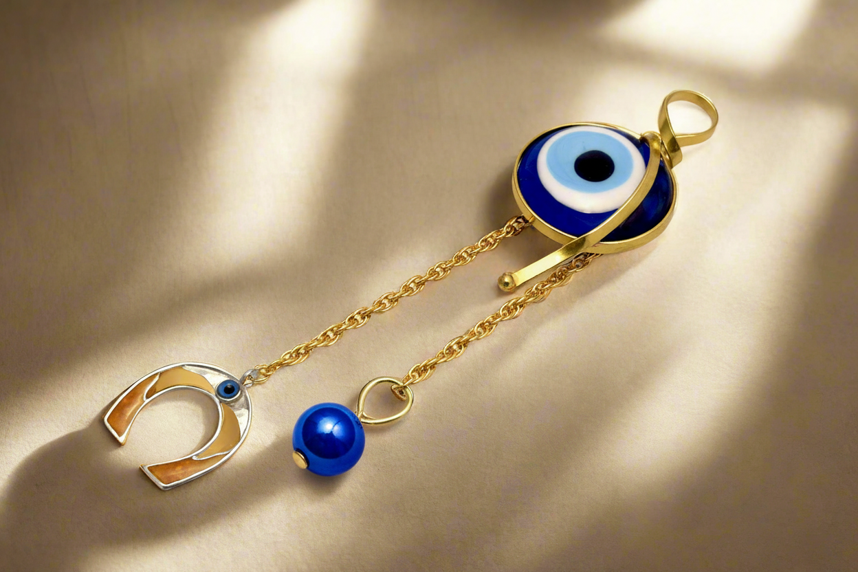 Evil eye protection stone with silver charm, Evil Eye Charm, home décor, gift, Wall Decor, silver charm, Petal Charm