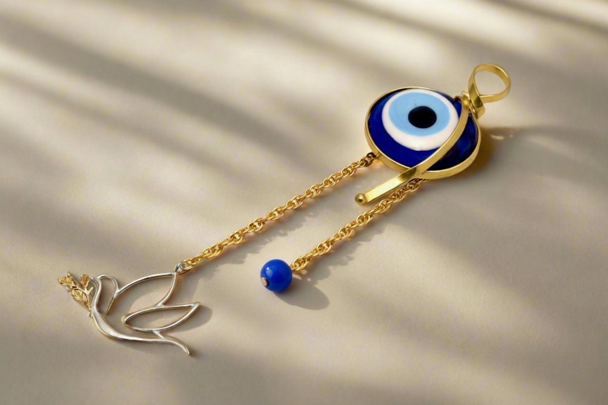 Evil eye protection stone with silver charm, Evil Eye Charm, home décor, gift, Wall Decor, silver charm, Pigeon Charm