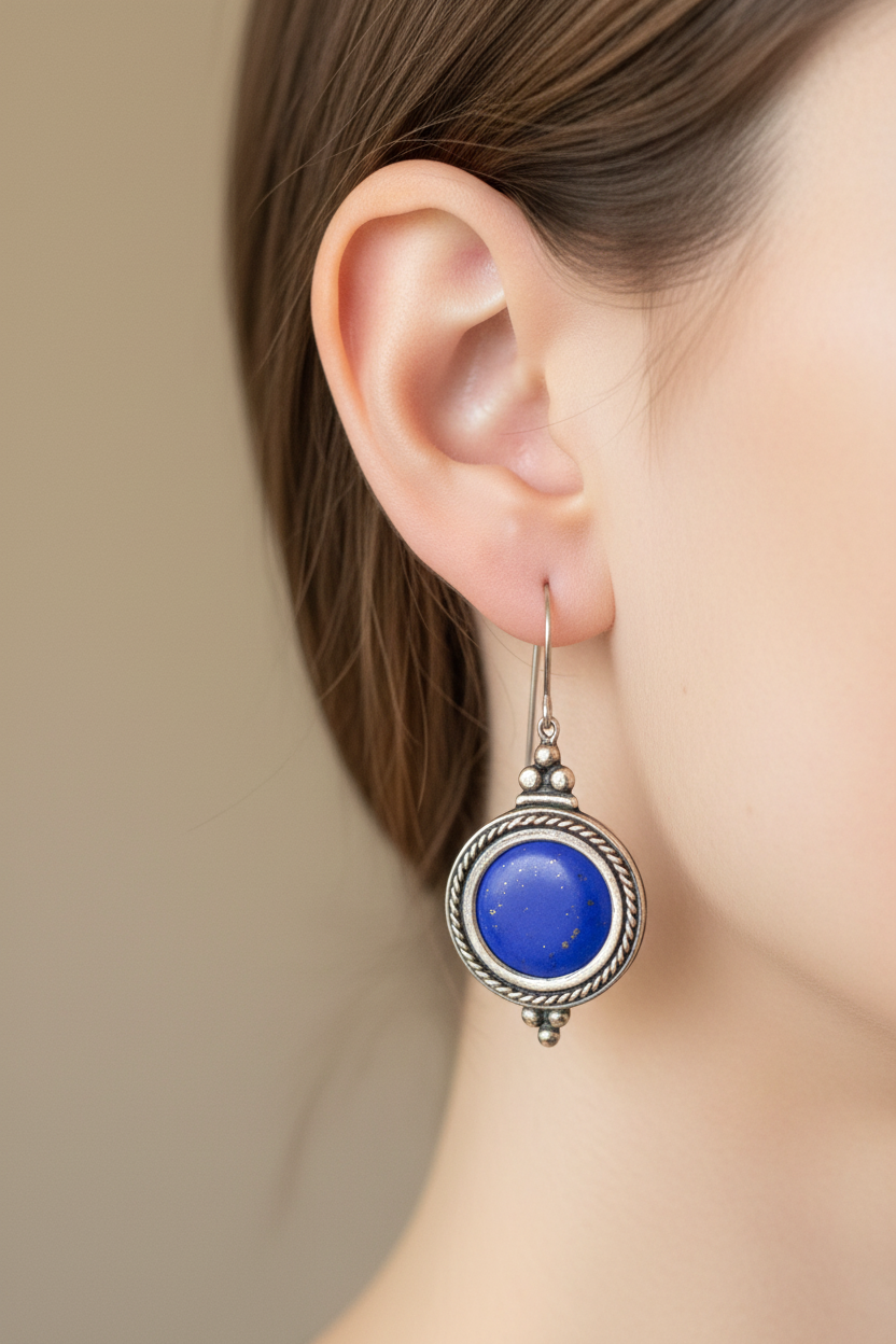 Greek Circle Rope Earrings in sterling silver with Lapis Lazuli