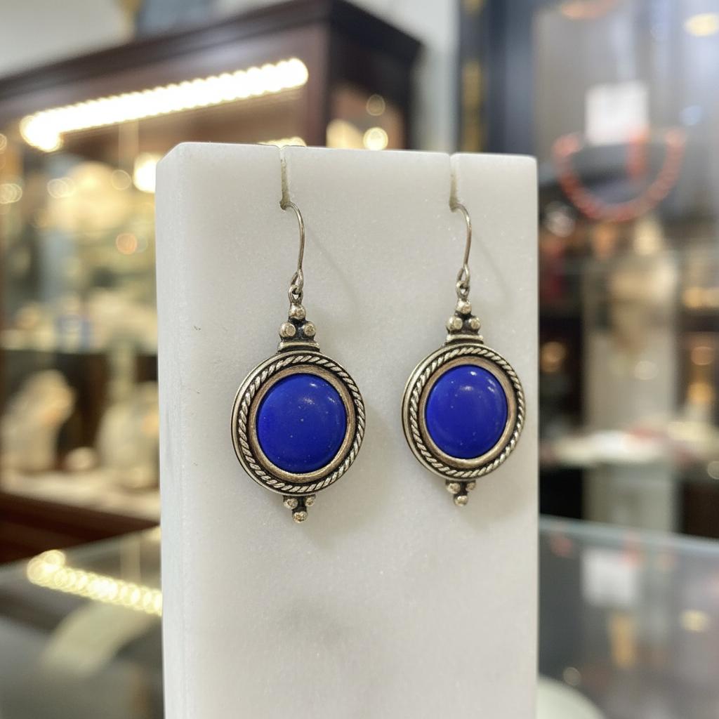 Greek Circle Rope Earrings in sterling silver with Lapis Lazuli