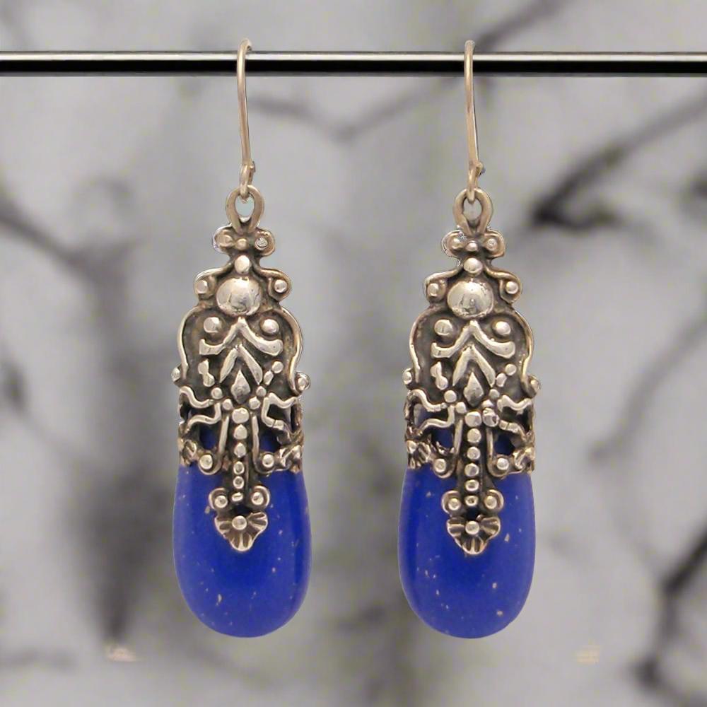Greek Drop Earrings in sterling silver with Lapis Lazuli (GT-05)