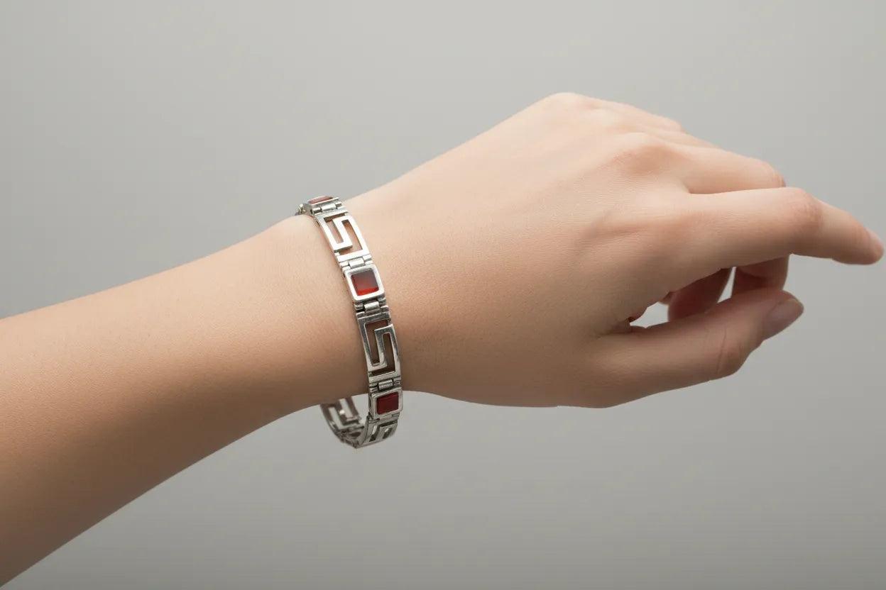 Greek Key Meander Bracelet in Sterling Silver with carnelian (B-65)