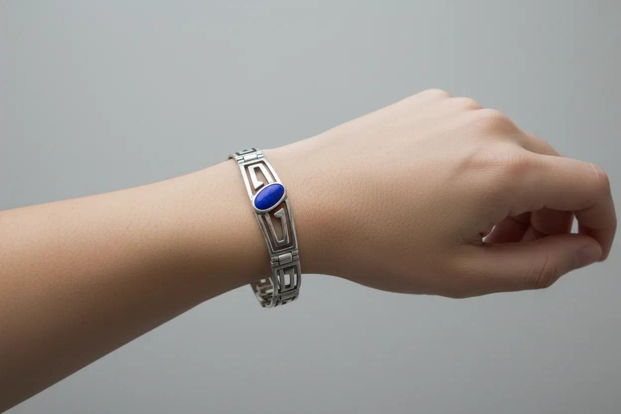 Greek Key Meander Bracelet in Sterling Silver with lapis lazuli (B-71)