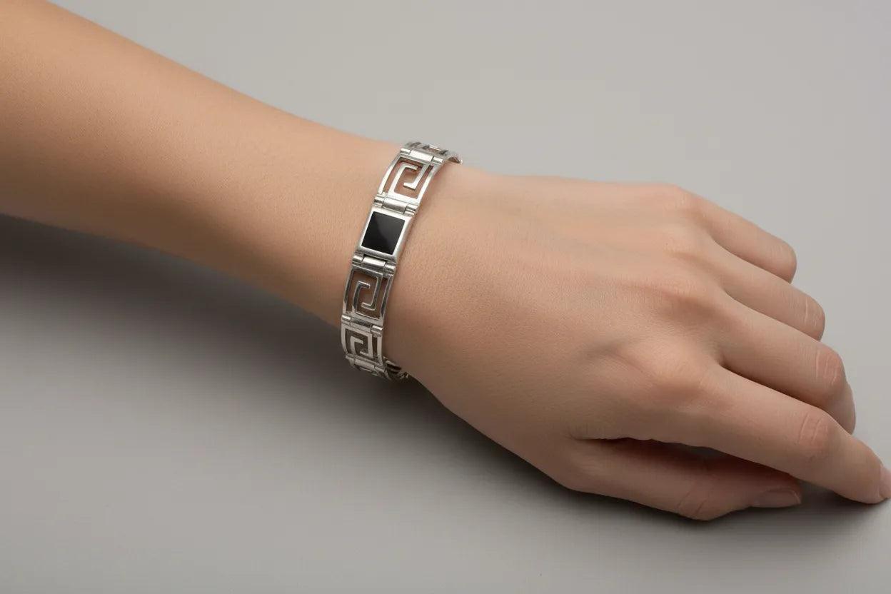 Greek Key Meander Bracelet in Sterling Silver with onyx (B-94)