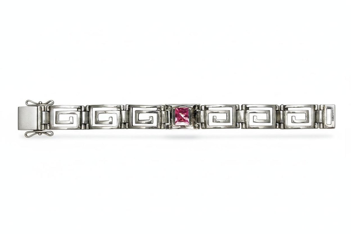 Greek Key Meander Bracelet in Sterling Silver with zircon (B-74)