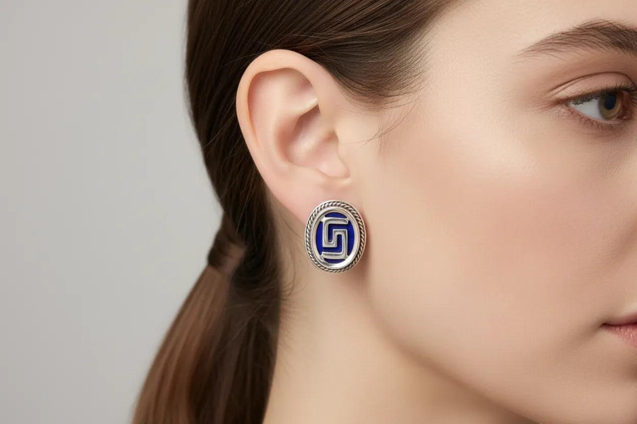 Greek Key Meander Earrings in sterling Silver with Lapis Lazuli (AG-05)