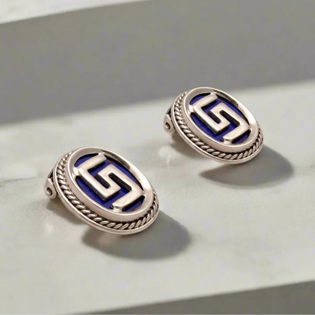 Greek Key Meander Earrings in sterling Silver with Lapis Lazuli (AG-05)