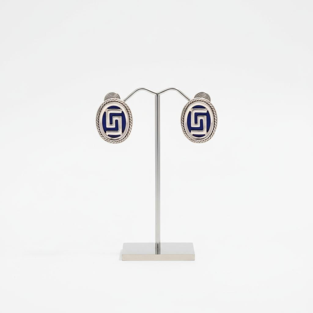 Greek Key Meander Earrings in sterling Silver with Lapis Lazuli (AG-05)