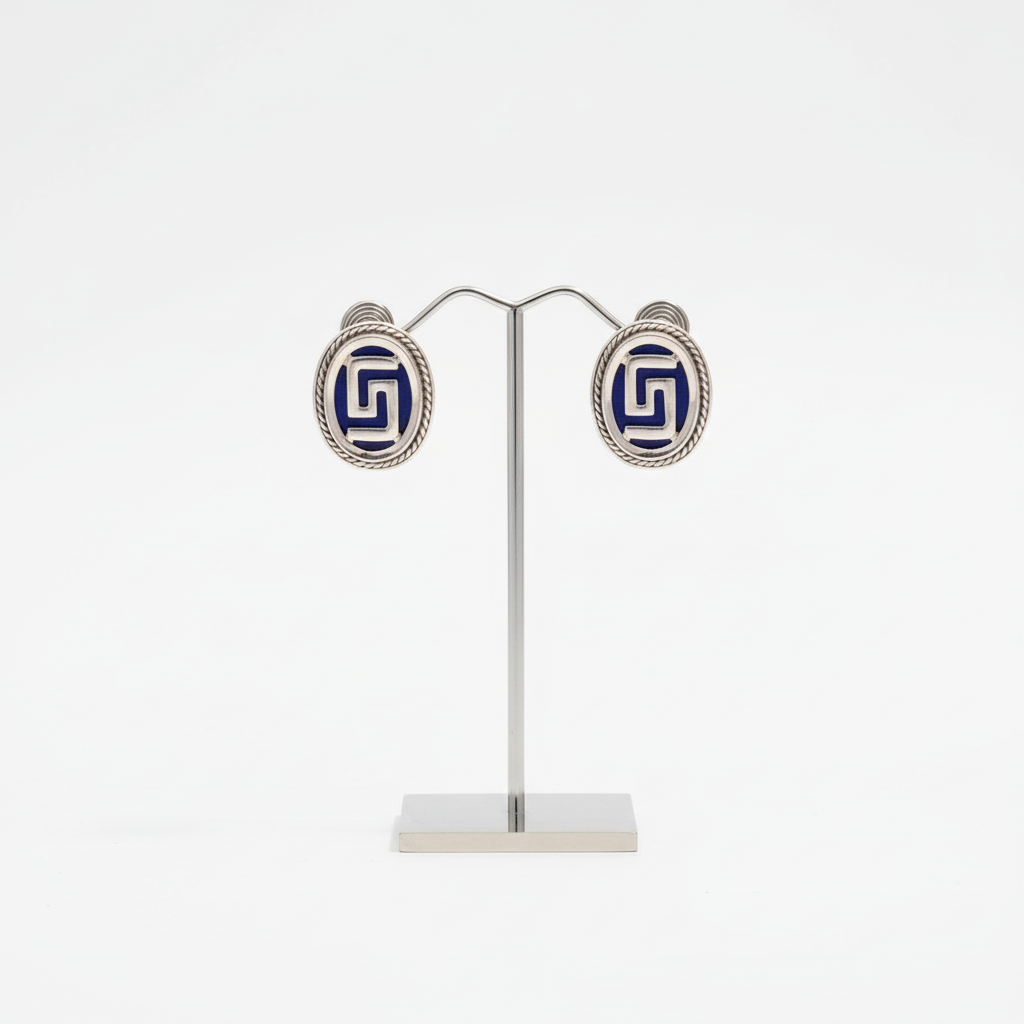 Greek Key Meander Earrings in sterling Silver with Lapis Lazuli (AG-05)