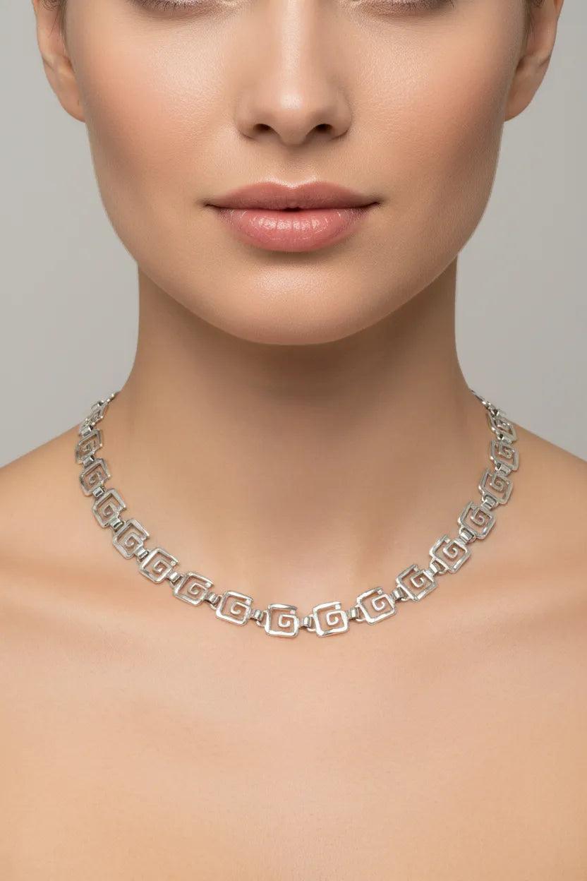 Greek Key Meander Necklace in Sterling Silver, (PE-08)