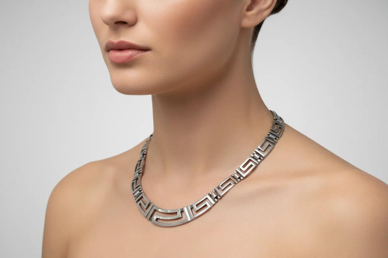 Greek Key Meander Necklace in Sterling Silver (PE-10)