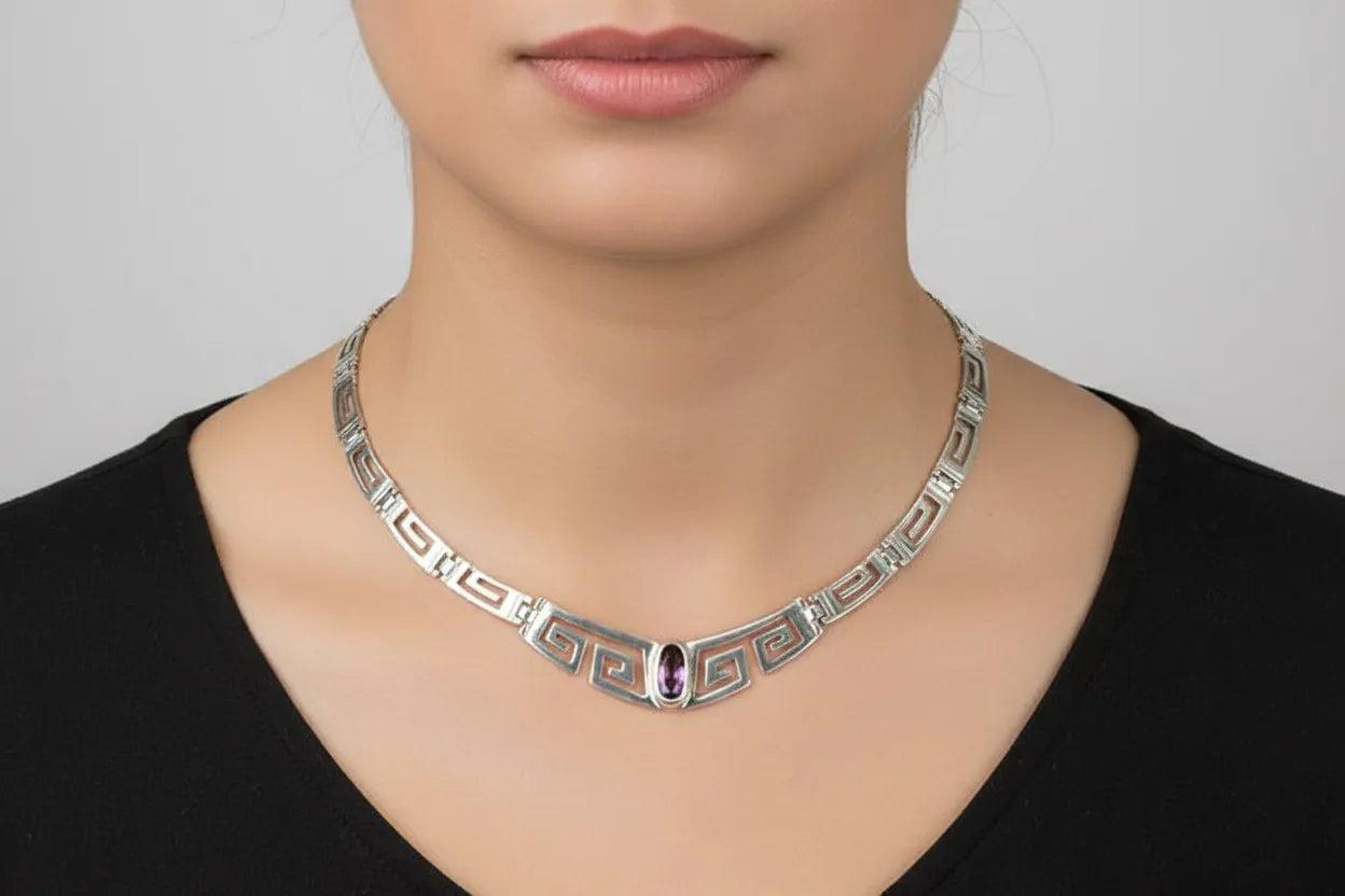 Greek Key Meander Necklace in Sterling Silver with zircon (PE-21)