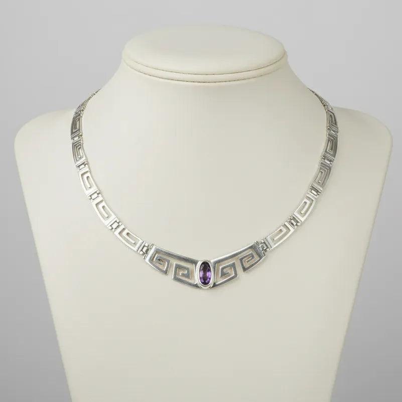 Greek Key Meander Necklace in Sterling Silver with zircon (PE-21)