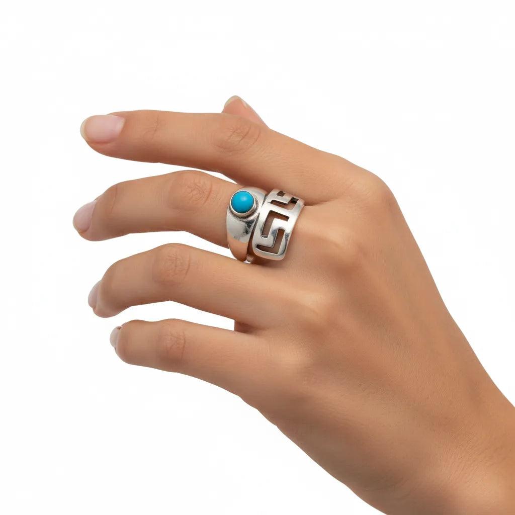 Greek Key Meander Ring in Sterling Silver with turquoise (DT-65)