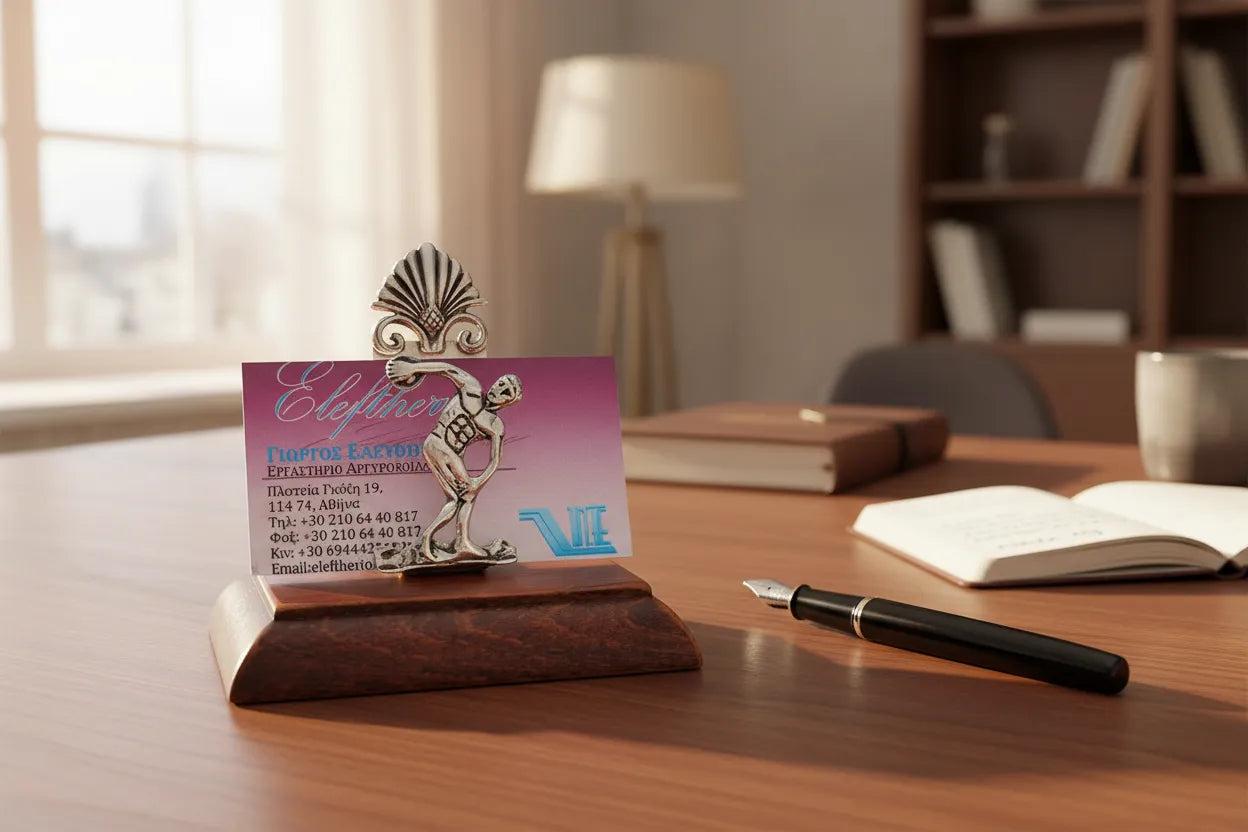 Greek Olympic Disk Thrower Desk business card holder display in sterling silver (A-25-9)