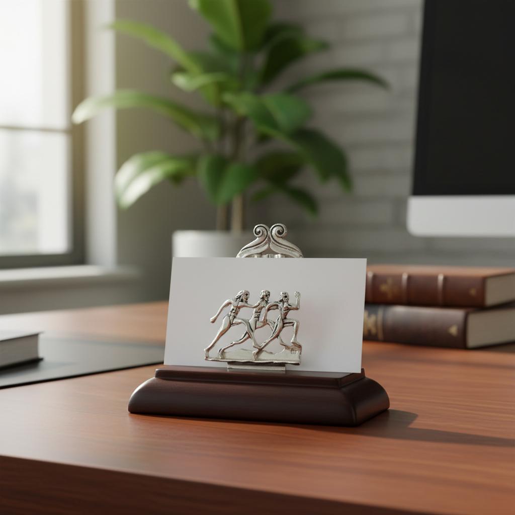 Greek Olympic Runners Desk business card holder display in sterling silver (A-25-8)