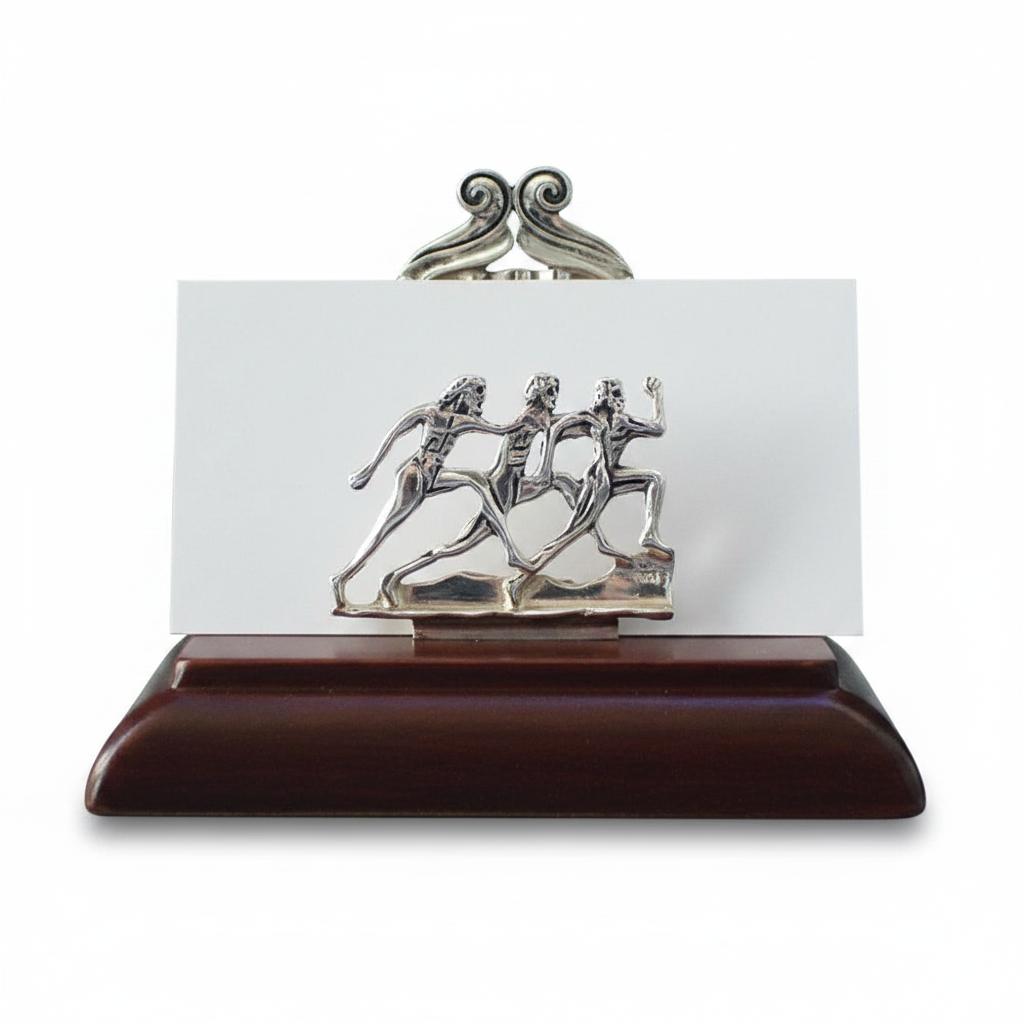 Greek Olympic Runners Desk business card holder display in sterling silver (A-25-8)