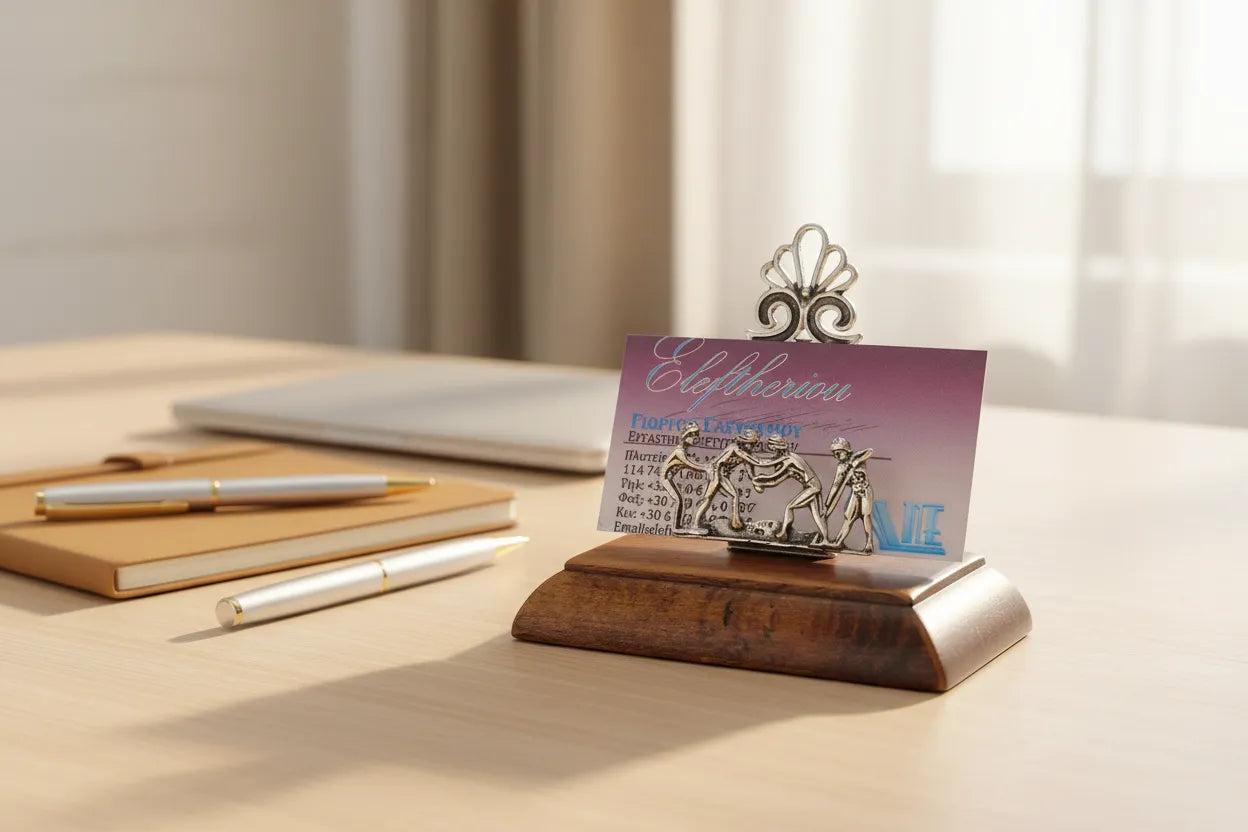 Greek Olympic Wrestlers Desk business card holder display in sterling silver (A-25-7)