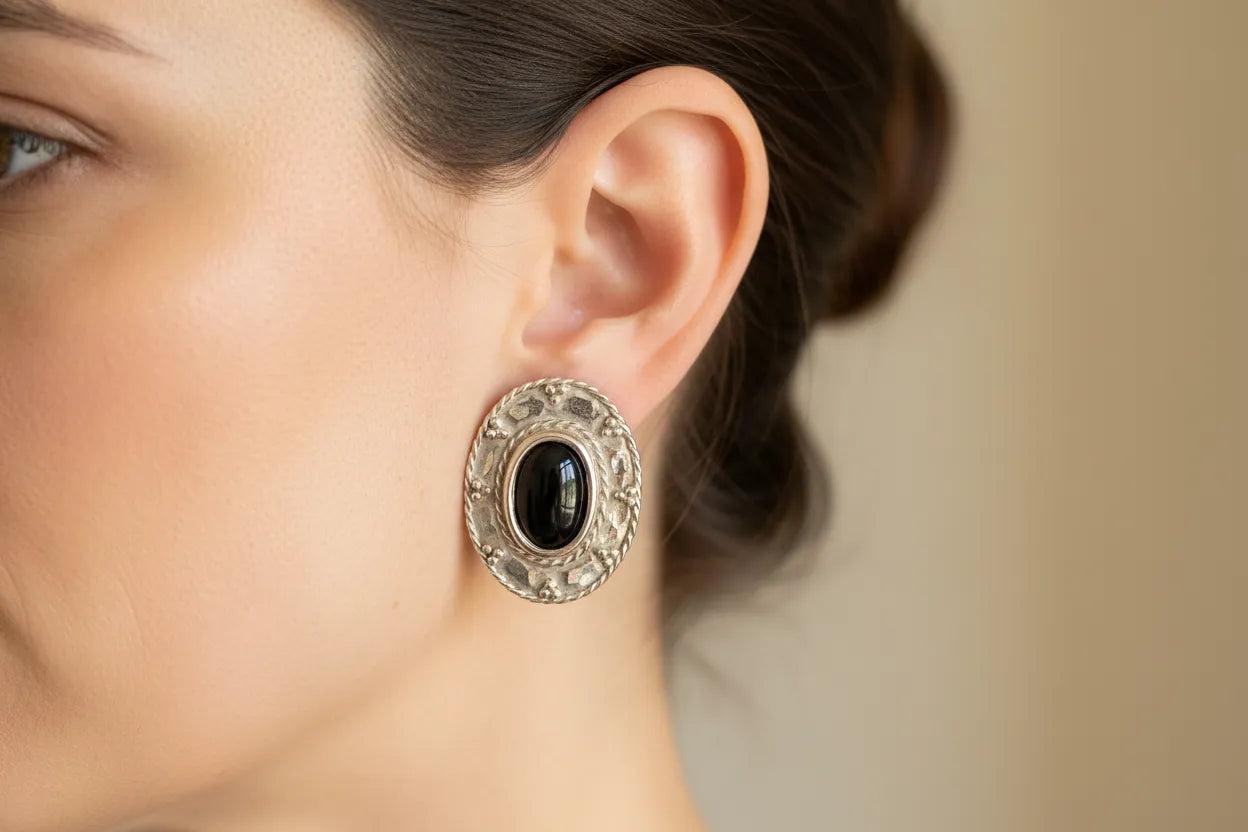 Greek Oval Earrings in Sterling silver with Gemstone (GT-02)