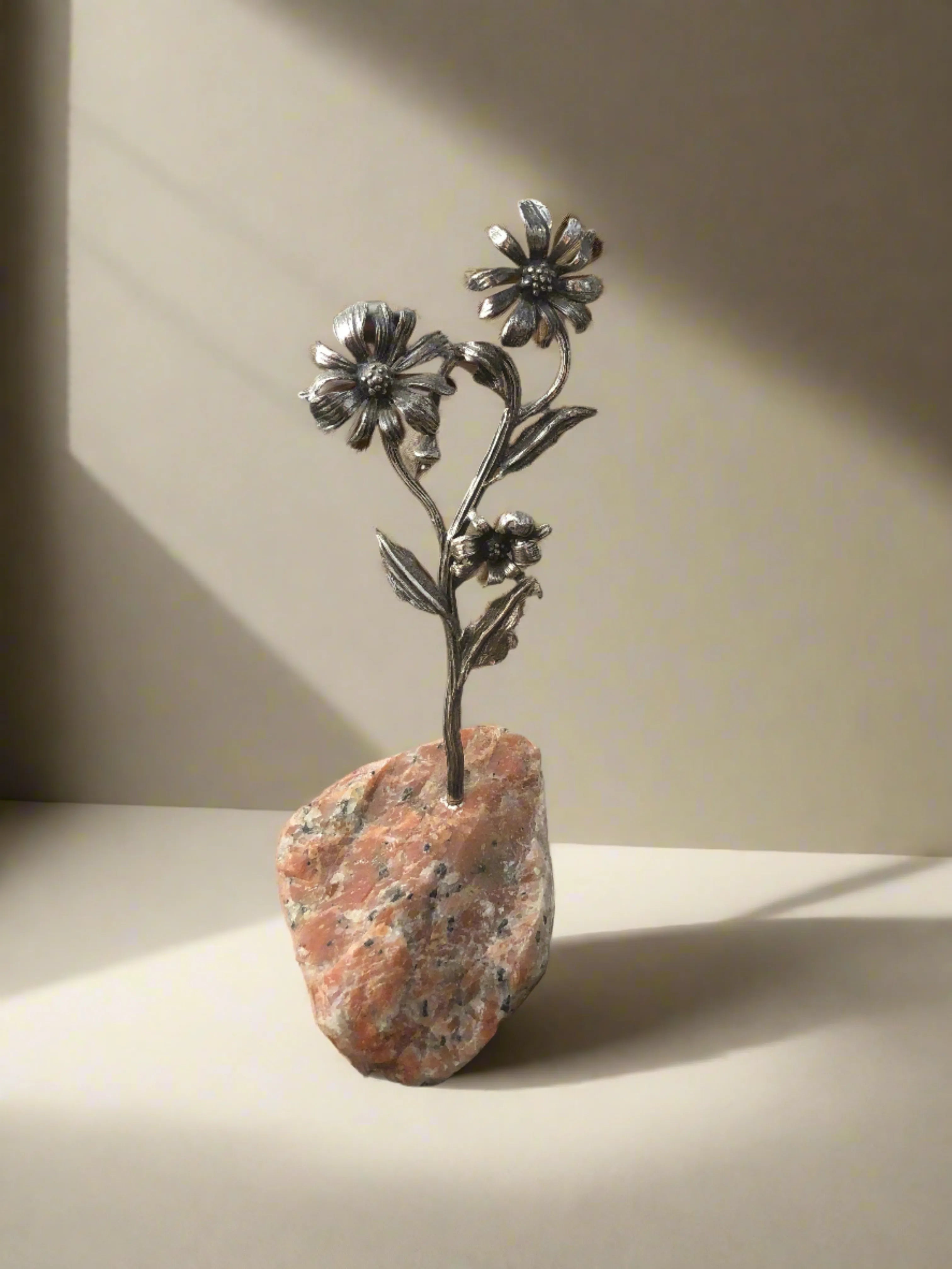Greek Sterling Silver Daisy, Daisy decor, limestone base, home decor, table decor, silver flower, floral decor