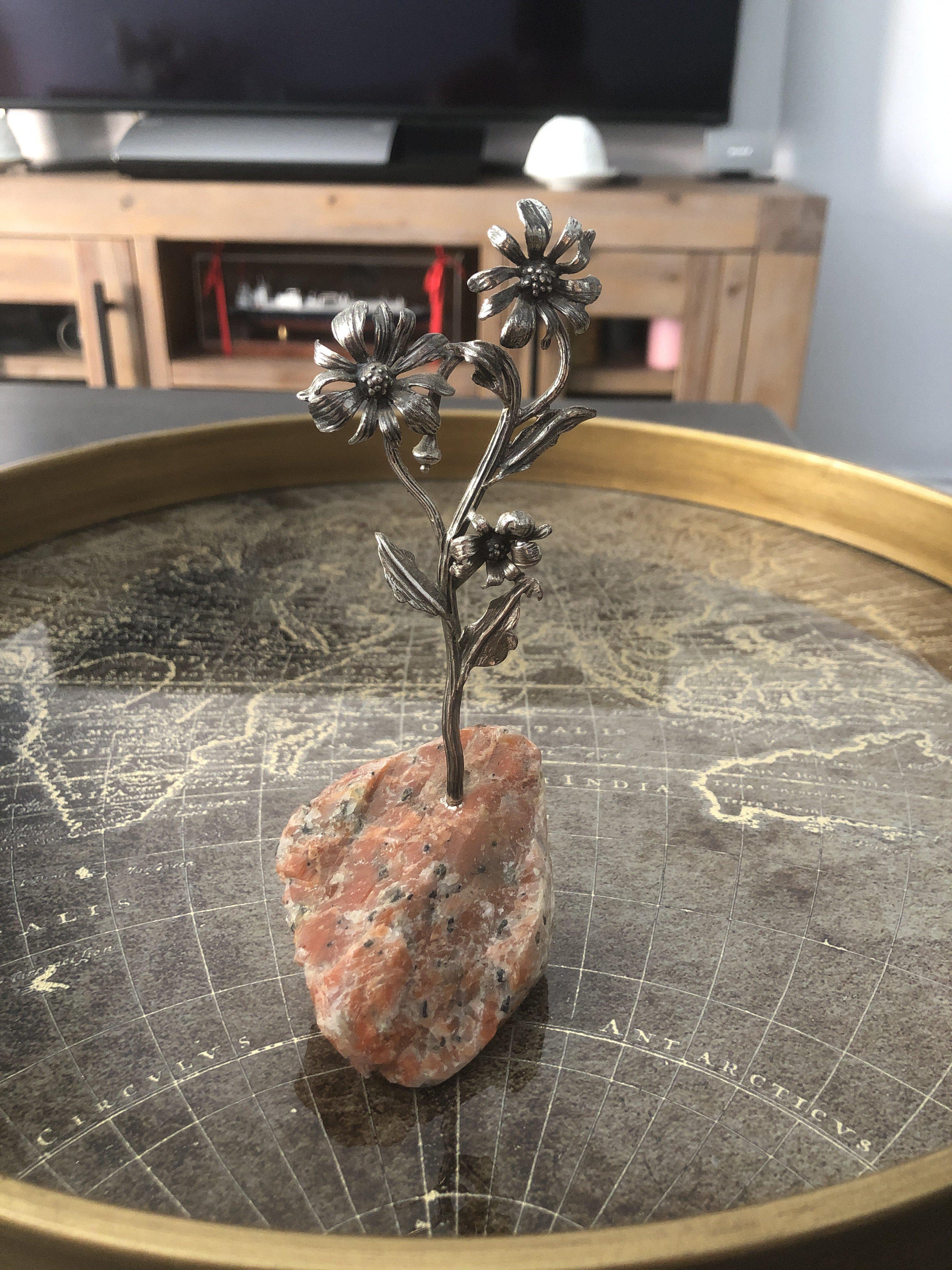 Greek Sterling Silver Daisy, Daisy decor, limestone base, home decor, table decor, silver flower, floral decor