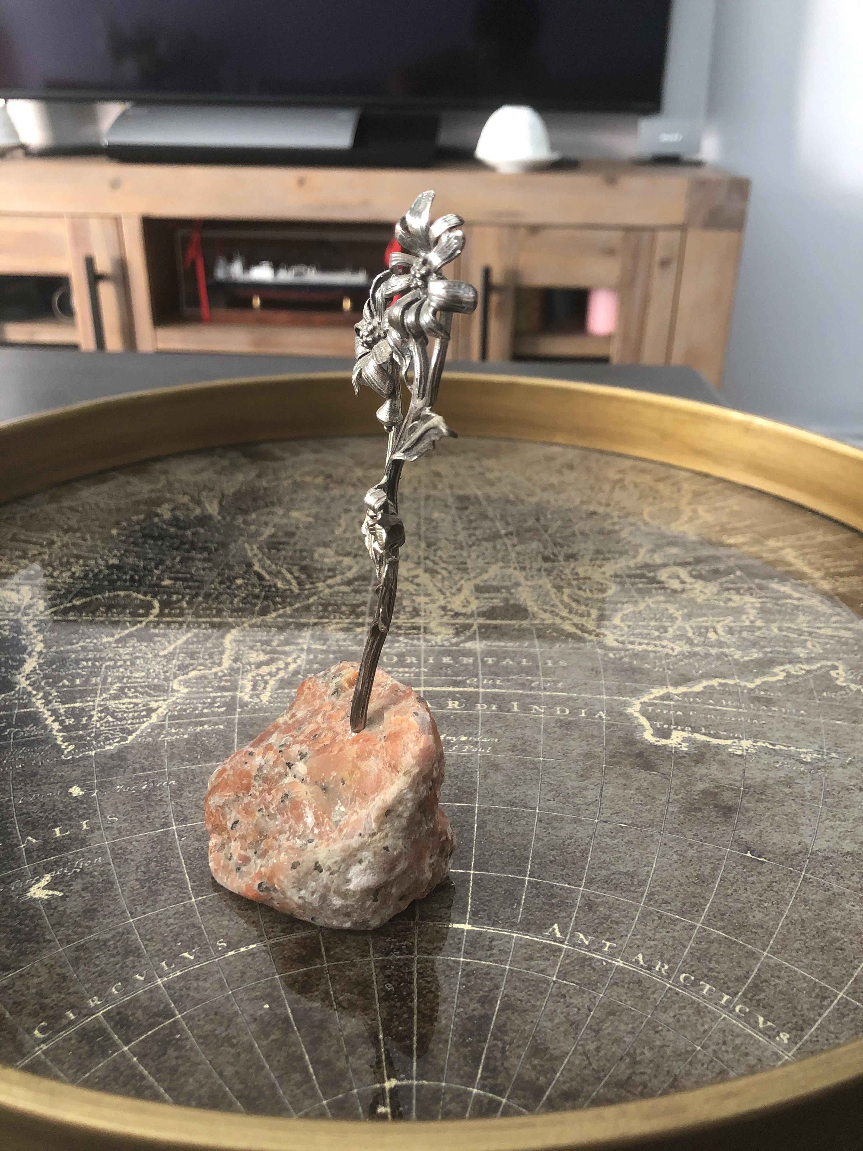 Greek Sterling Silver Daisy, Daisy decor, limestone base, home decor, table decor, silver flower, floral decor