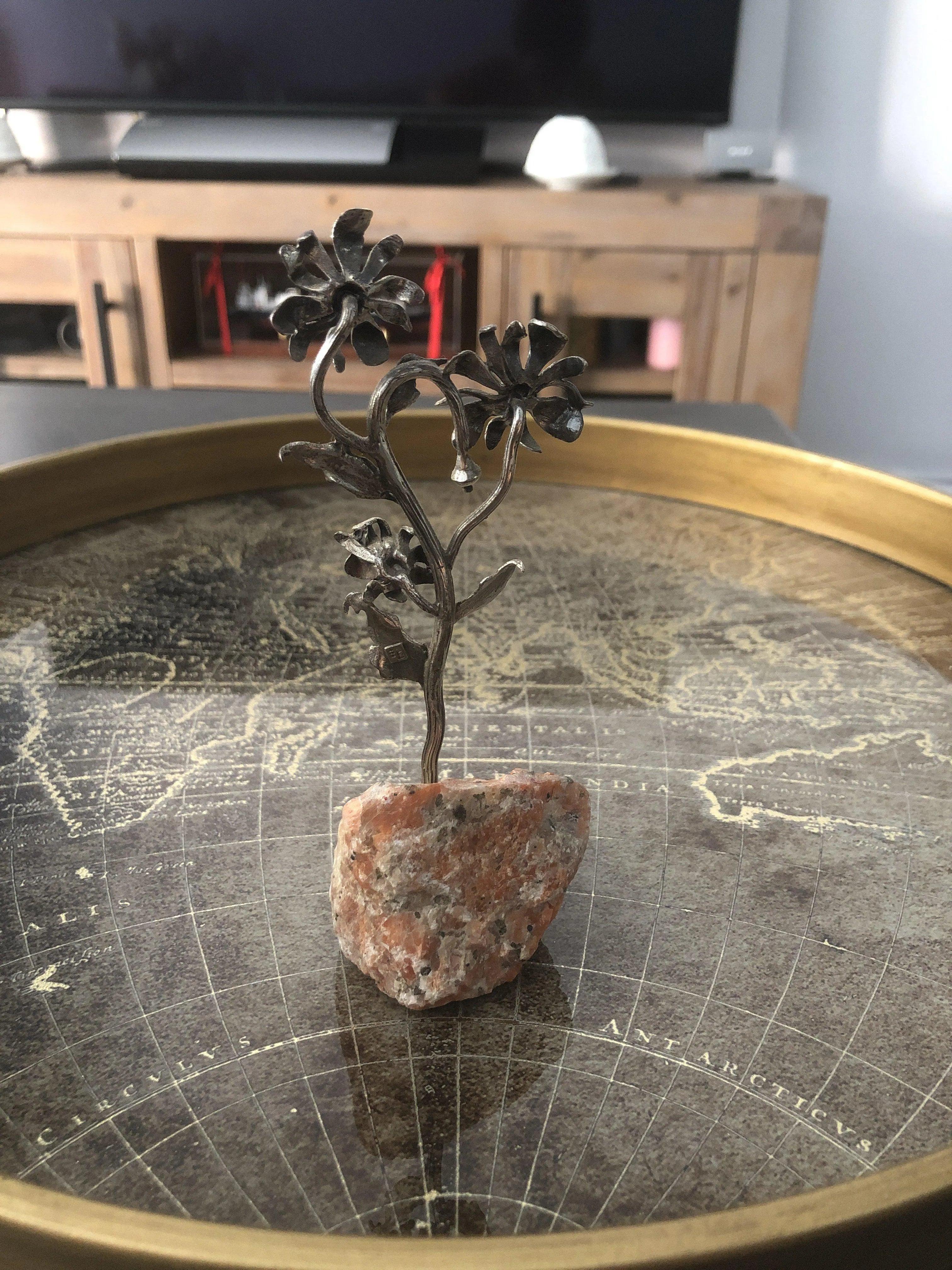 Greek Sterling Silver Daisy, Daisy decor, limestone base, home decor, table decor, silver flower, floral decor