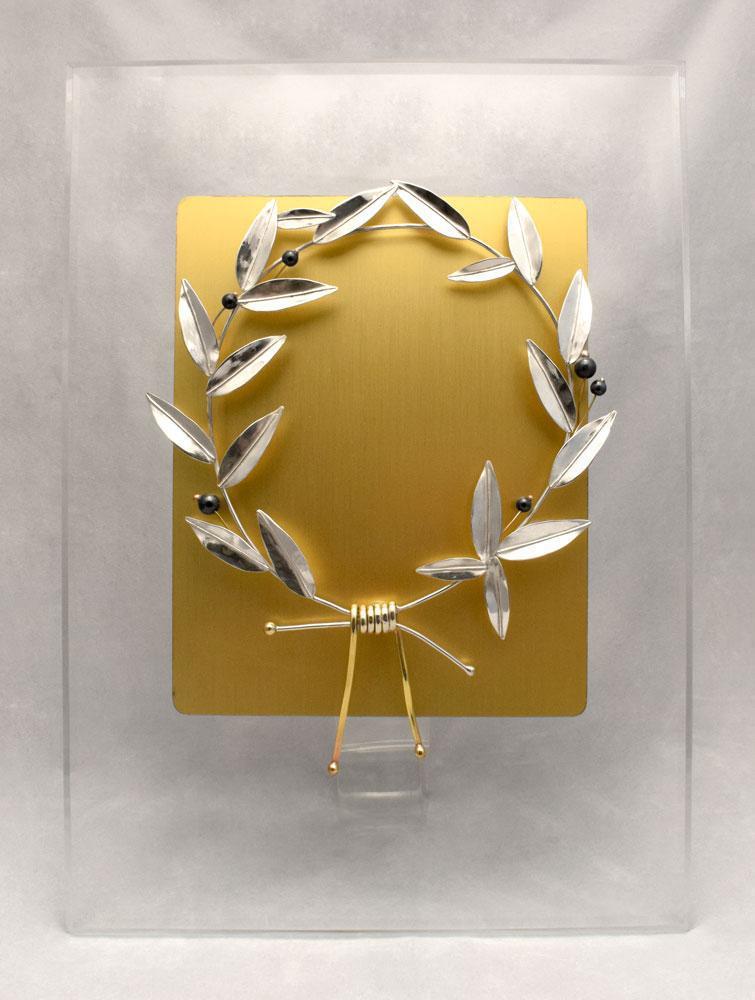 Greek Sterling Silver Olive leaf Wreath Kotinos on plexiglass (A-93) - ELEFTHERIOU EL