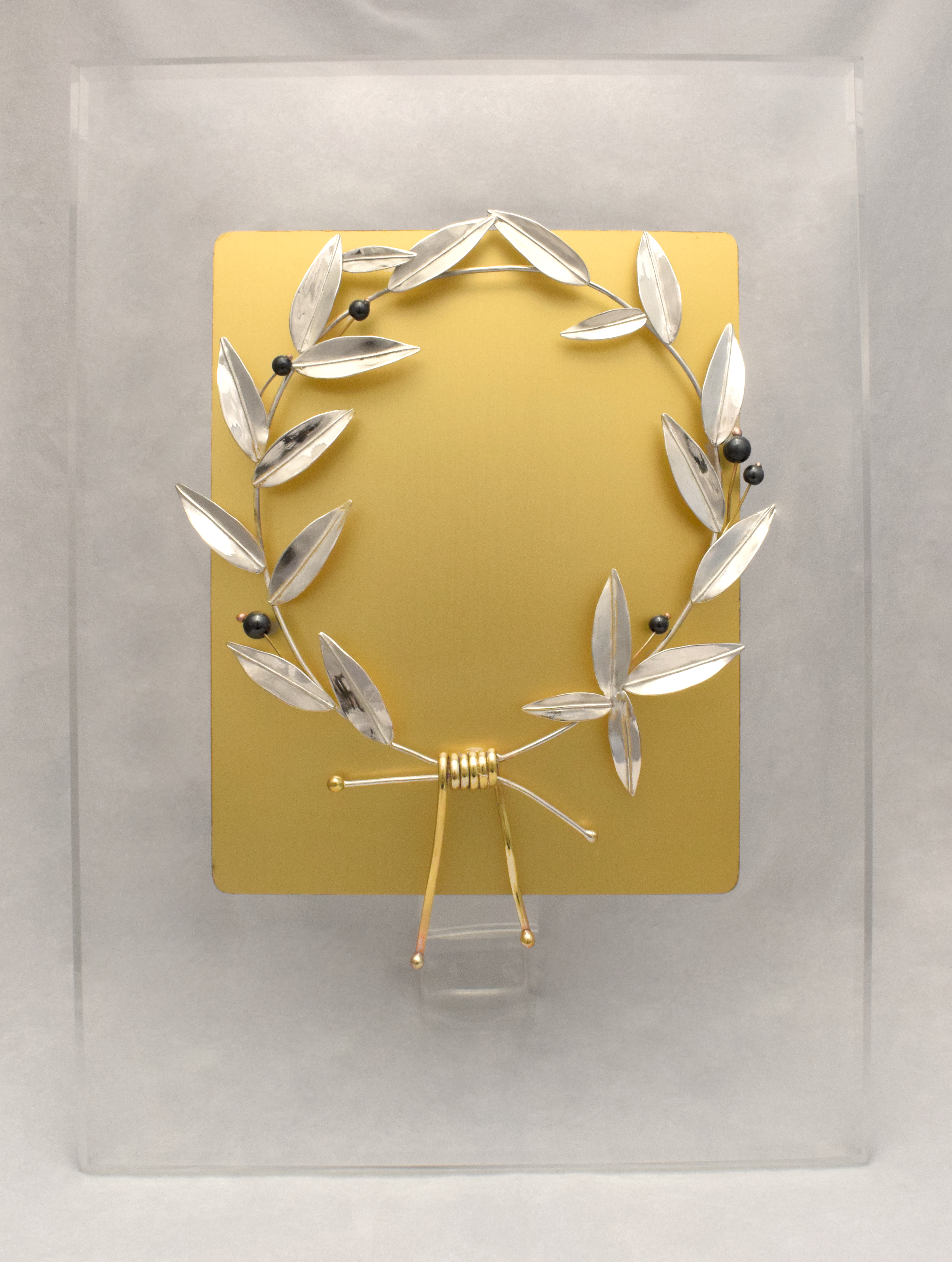 Greek Sterling Silver Olive leaf Wreath Kotinos on plexiglass (A-93) - ELEFTHERIOU EL