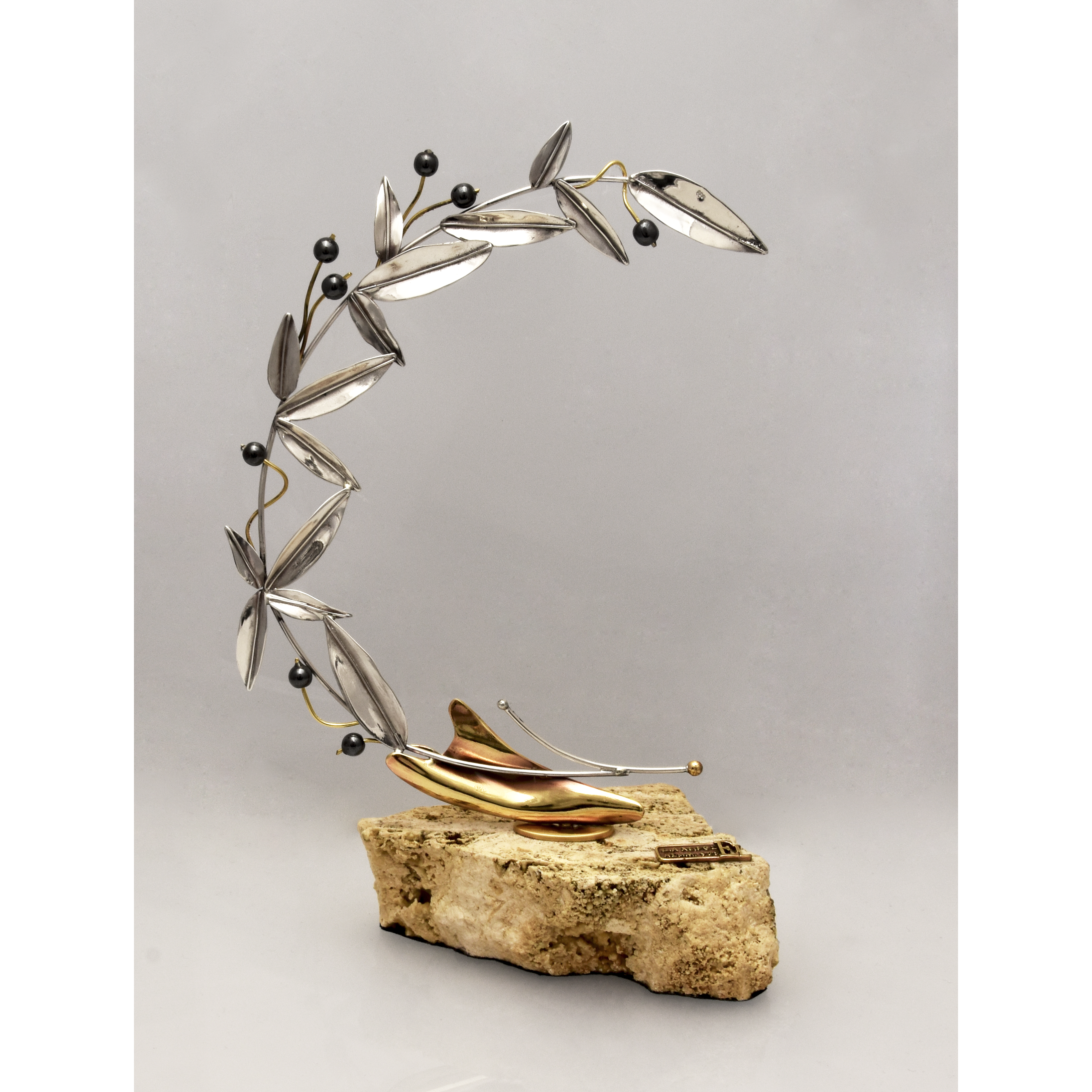 Greek Sterling Silver Olive leaf Wreath on limestone (A-84)