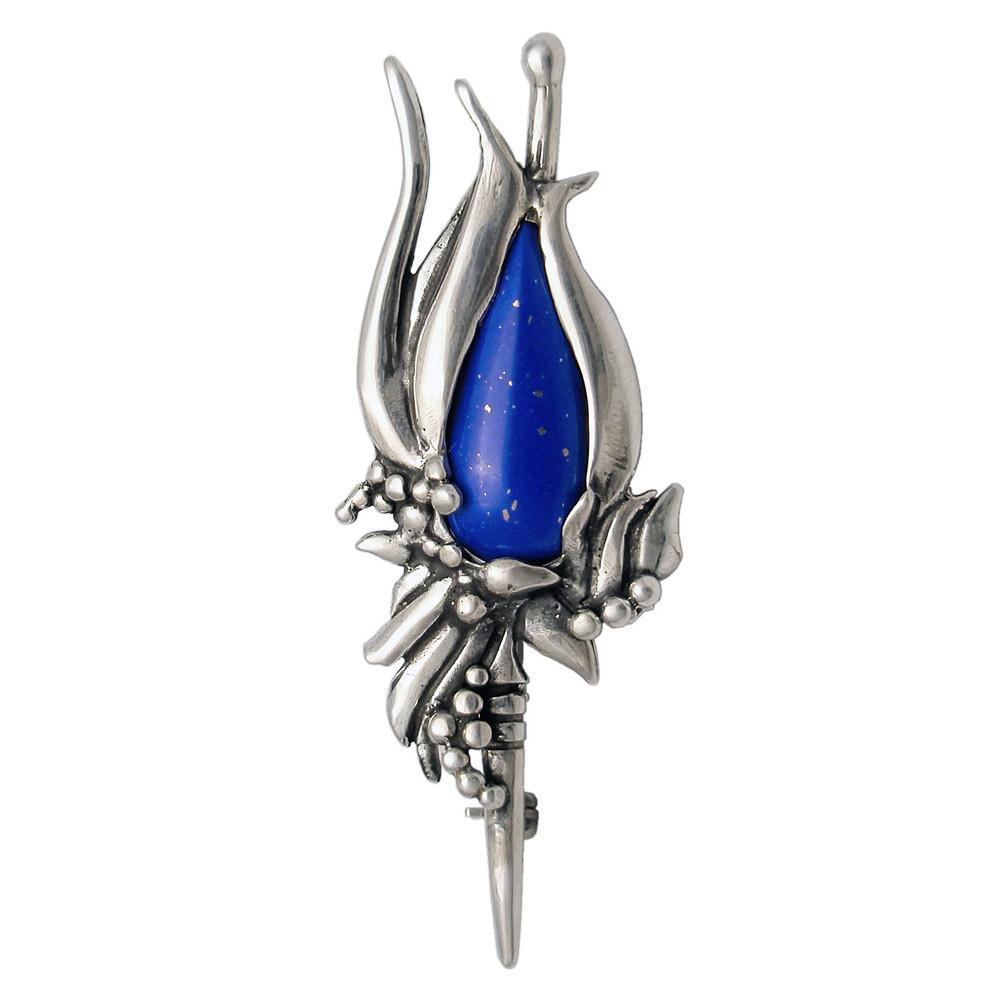 Greek Traditional Flower Brooch in Sterling silver with Lapis Lazuli (K-23) - ELEFTHERIOU EL