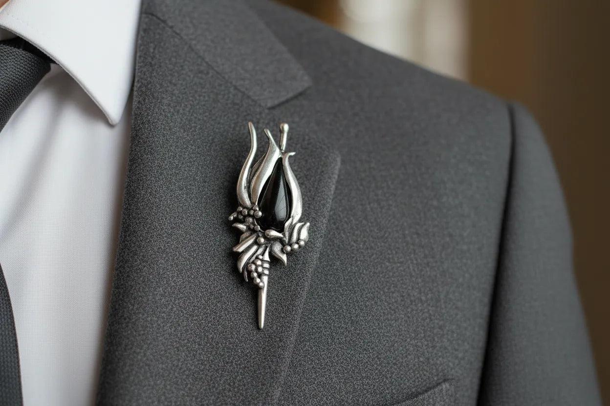 Greek Traditional Flower Brooch in Sterling silver with black stone (K-23)