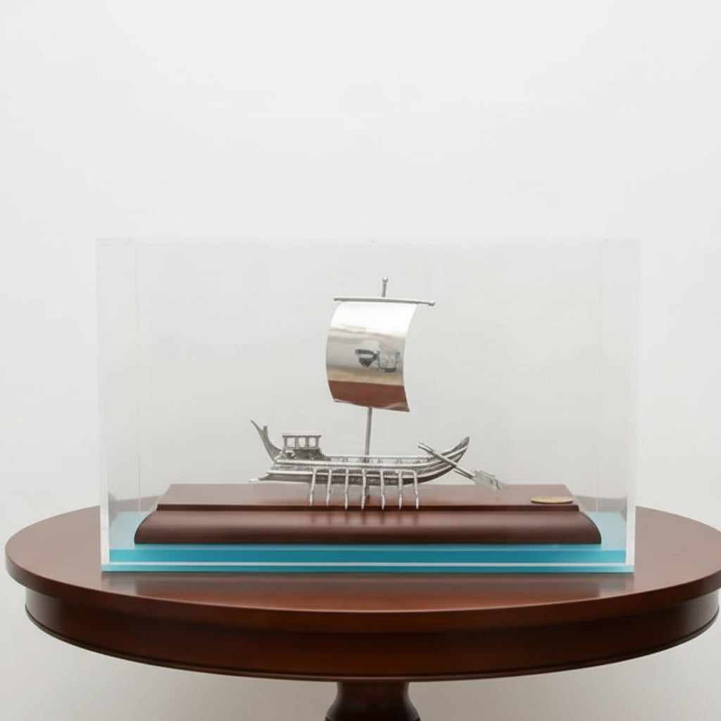 Greek Traditional Sterling silver sailboat on wooden base in plexiglass (A-42-33)