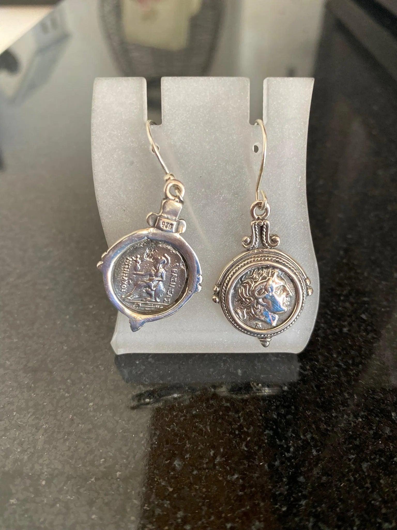 Handcrafted Sterling Silver Alexander Coin Earrings, Greek Inspired Jewelry (AG-08)