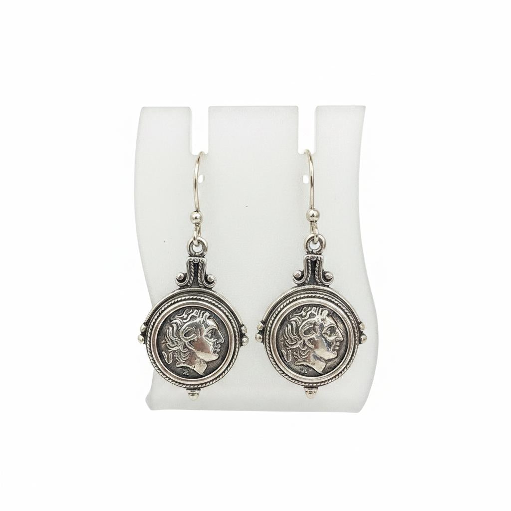 Handcrafted Sterling Silver Alexander Coin Earrings, Greek Inspired Jewelry (AG-08)