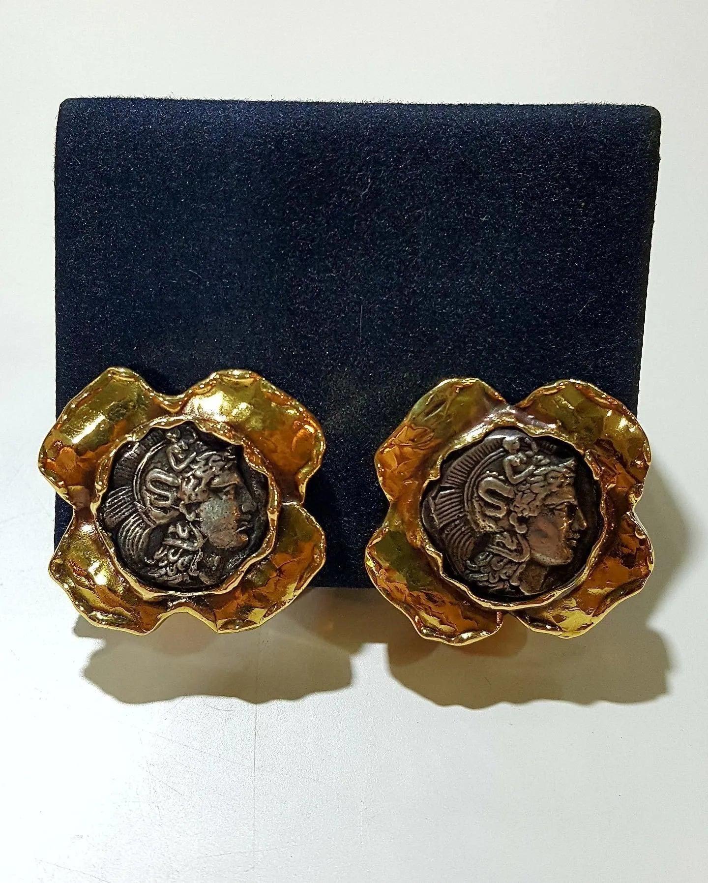 Handmade 18k Gold Sterling Silver Ancient Greek Coin Earrings, Thourions Jewelry (DV AG-01)