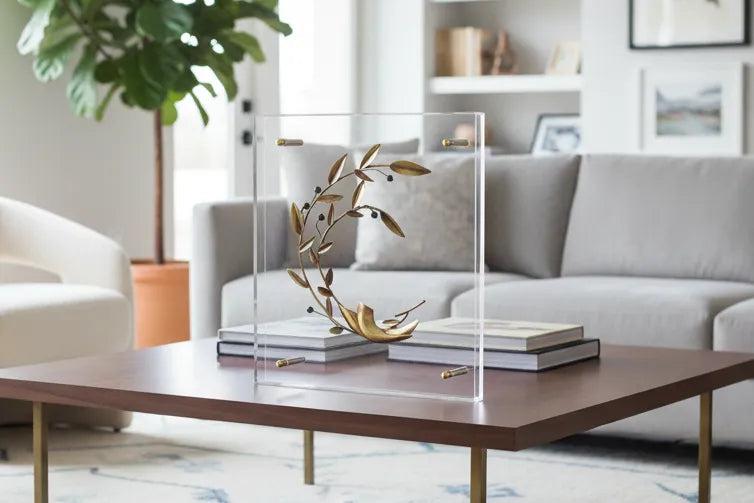 Handmade Olive Wreath, Greek Symbol of Peace, Hematite Olives, Plexiglass Frame (A-97)