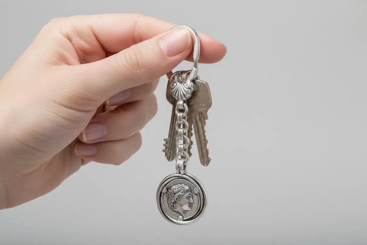 Handmade Sterling Silver Alexander the Great Keychain, Greek Motif Keyring (MP-06)