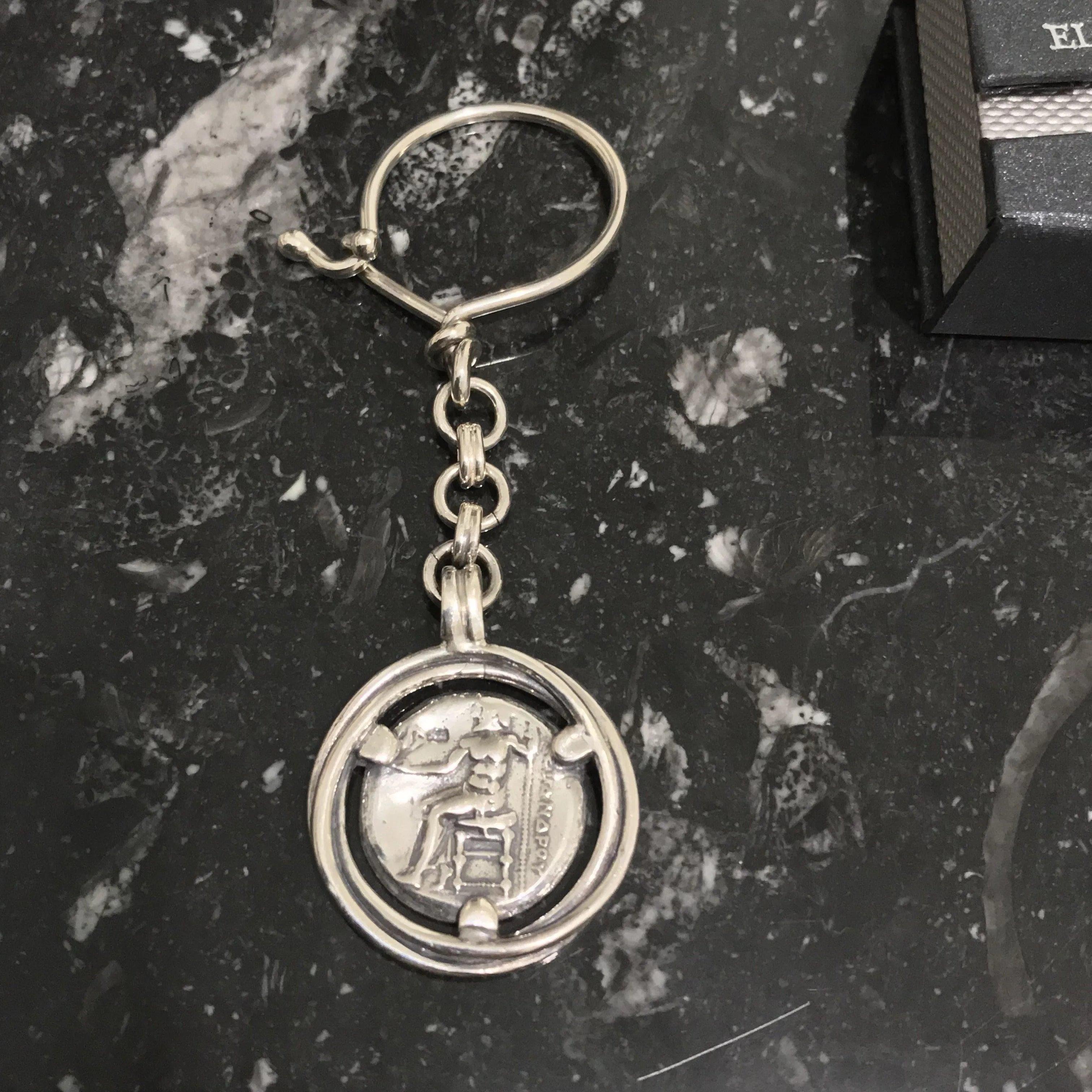 Handmade Sterling Silver Alexander the Great Keychain, Greek Motif Keyring (MP-06)