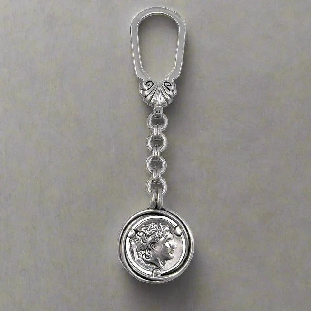 Handmade Sterling Silver Alexander the Great Keychain, Greek Motif Keyring (MP-06)