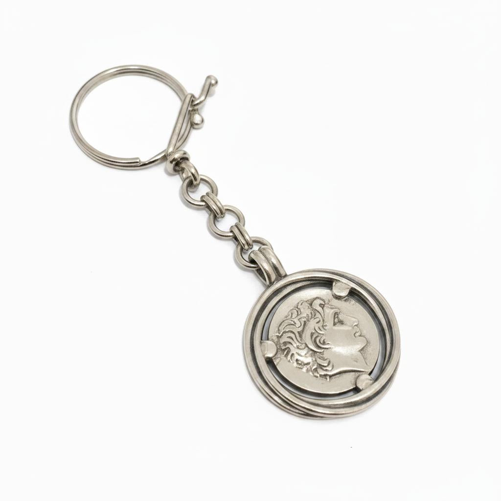 Handmade Sterling Silver Alexander the Great Keychain, Greek Motif Keyring (MP-06)