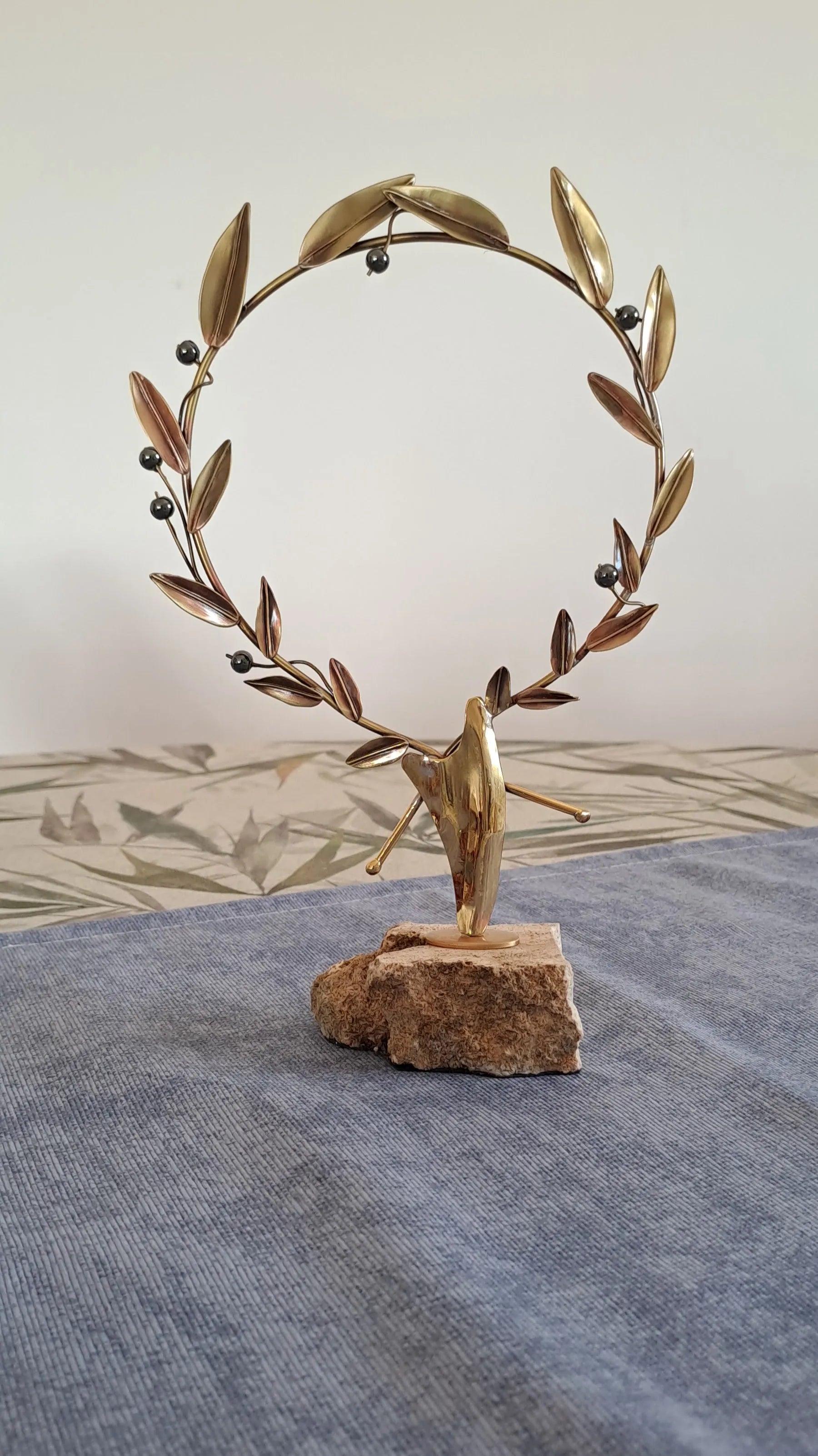 Handmade Sterling Silver Olive Wreath, Hematite Olives, Limestone Base, Greek Decor (A-44-1)
