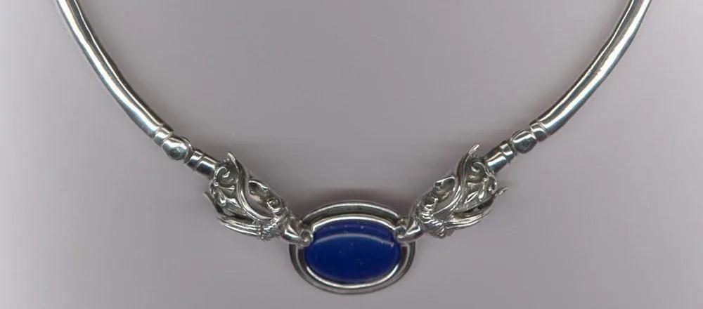 Handmade Sterling Silver Ram Necklace with Lapis Lazuli, Ancient Greek Terminals (PE-01)
