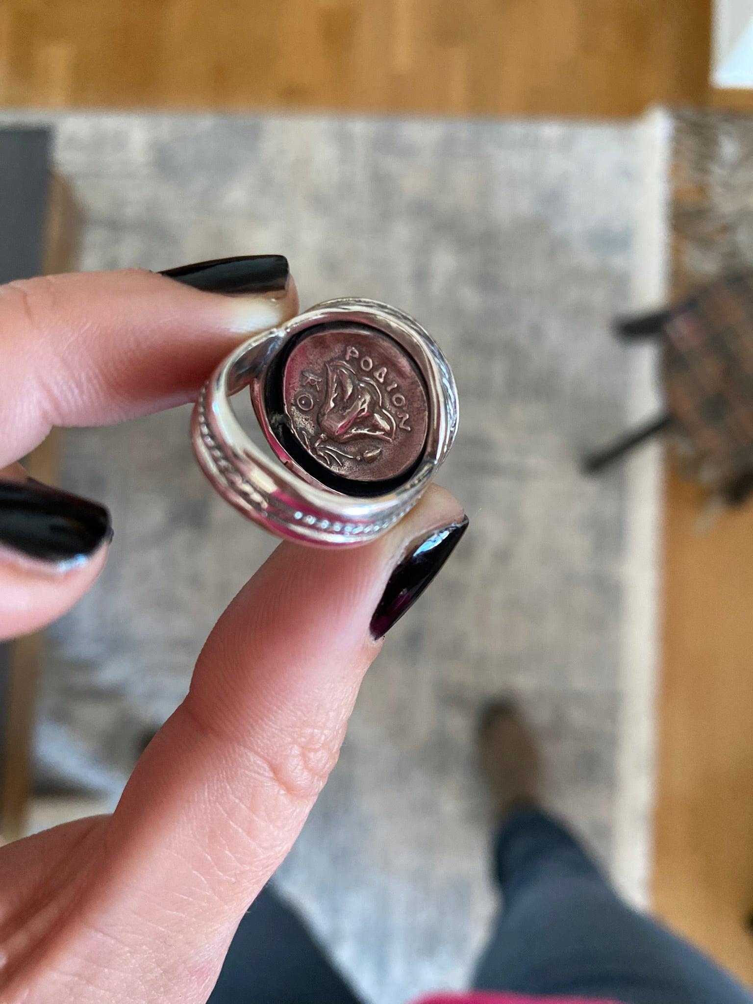Helios ancient sun god and rose ring, Ancient Coinage of Rhodes, Art Nouveau Ring, Sterling silver Ring (DT-104) - ELEFTHERIOU EL