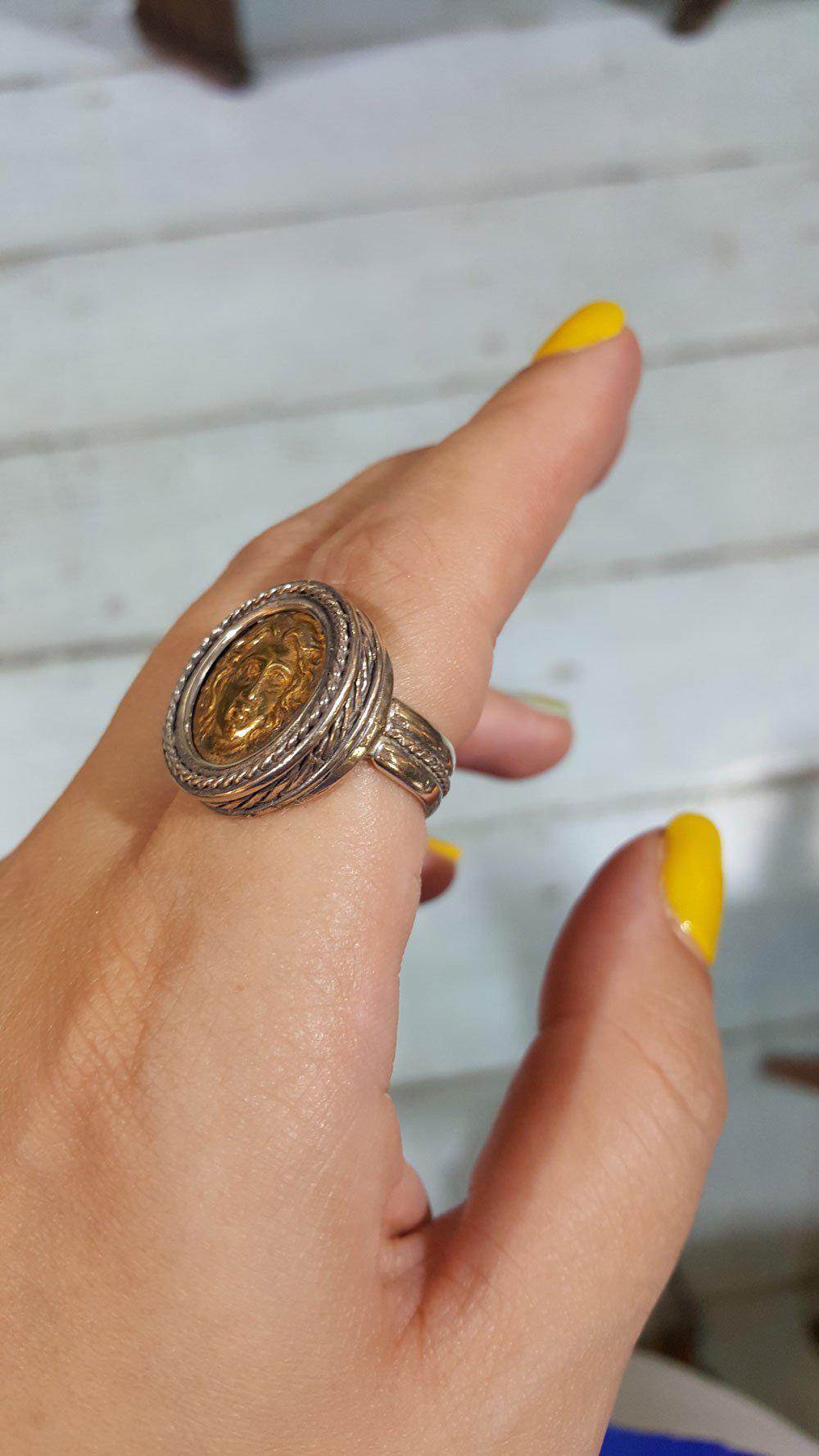 Helios ancient sun god and rose ring, Ancient Coinage of Rhodes, Art Nouveau Ring, Sterling silver Ring (DT-104) - ELEFTHERIOU EL