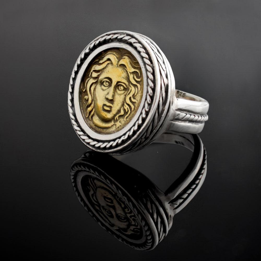 Helios ancient sun god and rose ring, Ancient Coinage of Rhodes, Art Nouveau Ring, Sterling silver Ring (DT-104) - ELEFTHERIOU EL