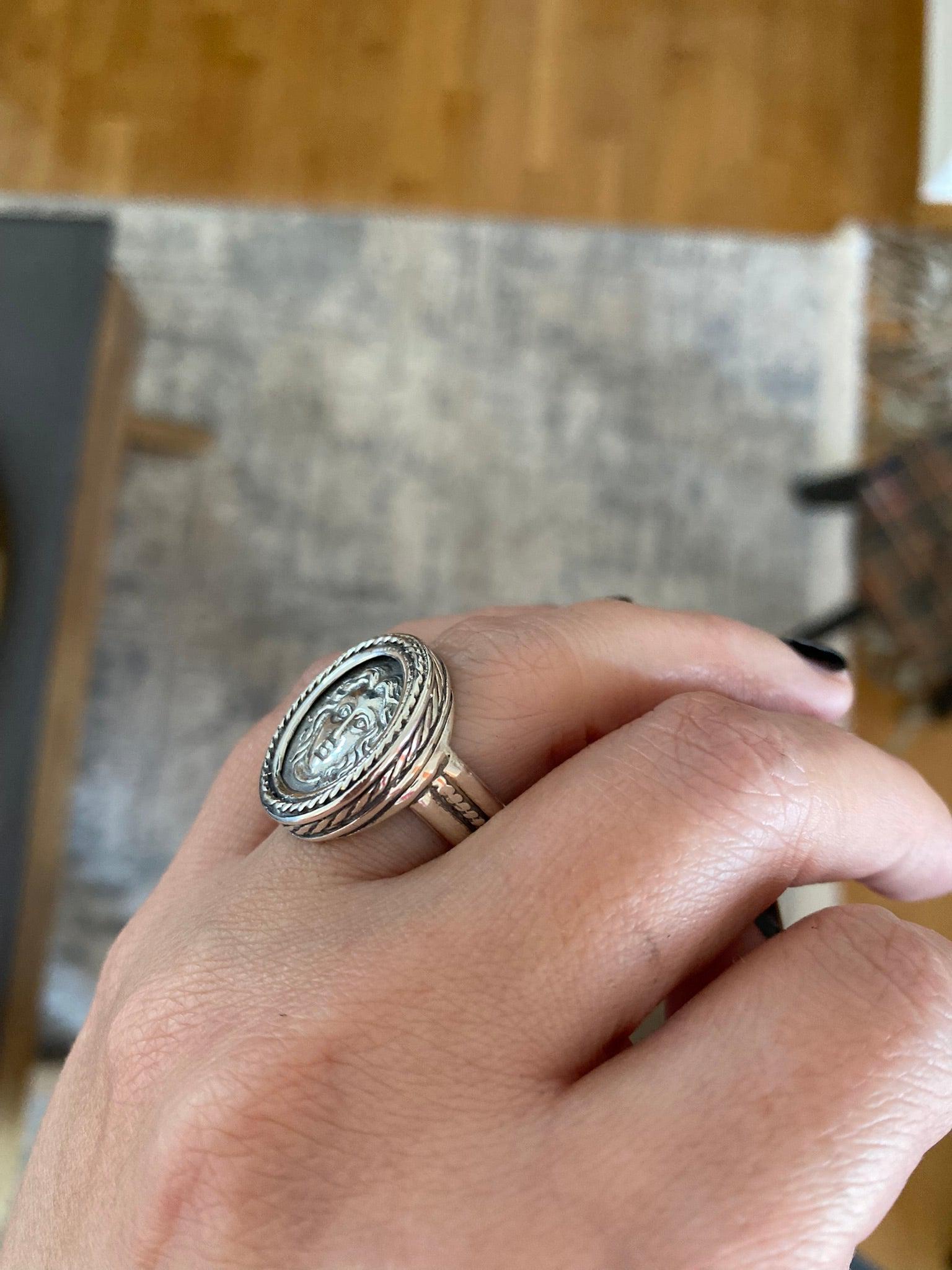 Helios ancient sun god and rose ring, Ancient Coinage of Rhodes, Art Nouveau Ring, Sterling silver Ring (DT-104) - ELEFTHERIOU EL