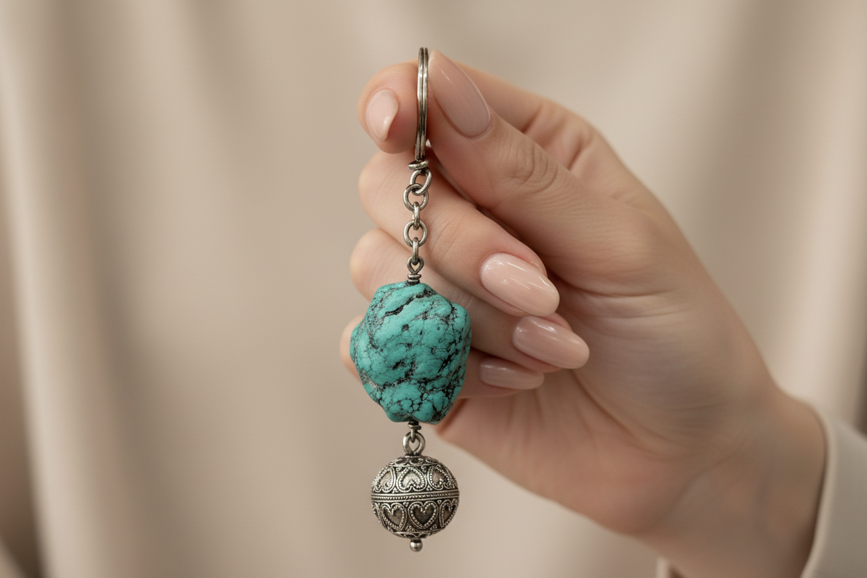 Keychain in sterling silver with gemstones