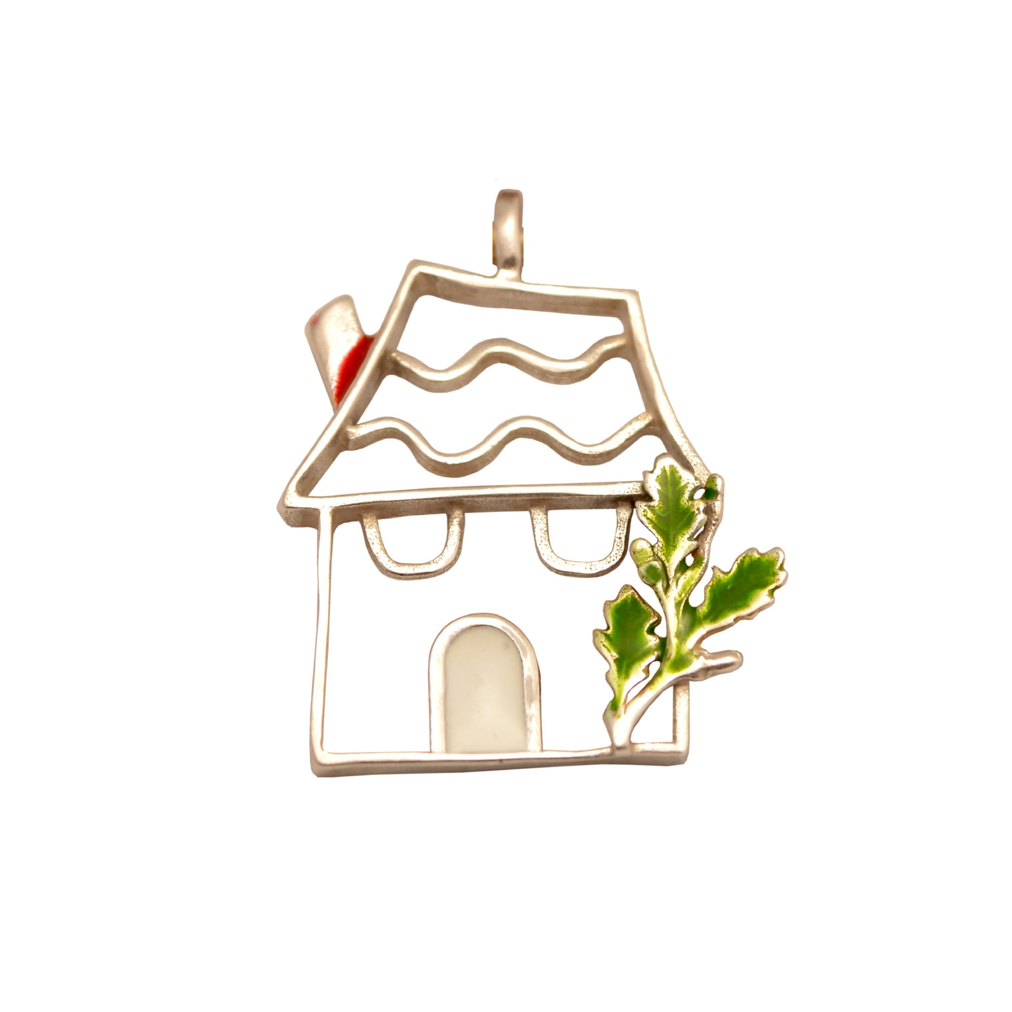 Christmas Decoration, Miniature Home Charm on plexiglass, silver charm with bronze leaves, home decor, gift idea, charm favor (PX-02)